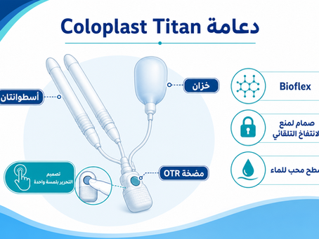 رسم عربي يوضح مكونات دعامة Coloplast Titan وتقنيات Bioflex ومضخة OTR وصمام منع الانتفاخ التلقائي