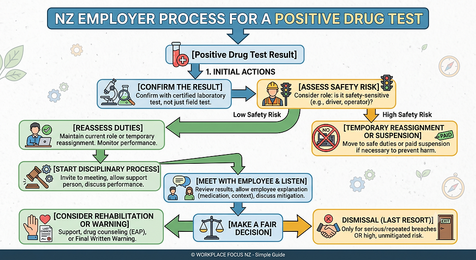 Flowchart titled NZ employer process for a positive drug test, showing steps from confirm result to reassignment, discipline, or dismissal