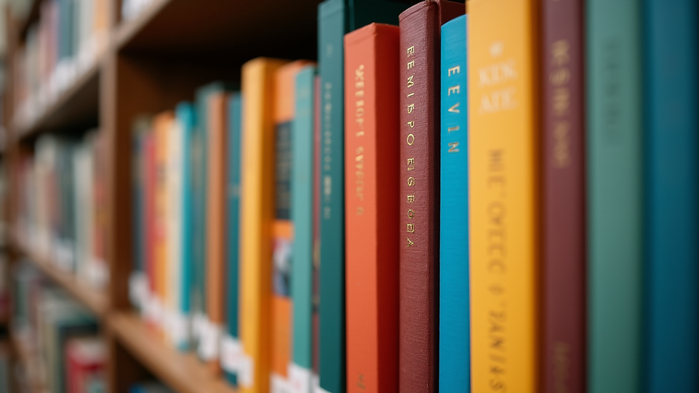 Close-up view of a shelf filled with colorful book spines