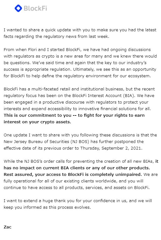 BlockFiのCEOのZac Princeから今回の有価証券疑惑に関するメールが来ました