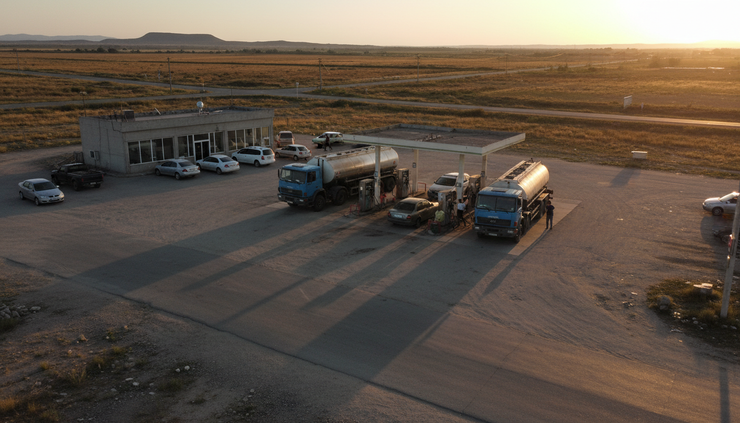 High-angle view of a roadside petrol station with fuel tankers queued near the pumps