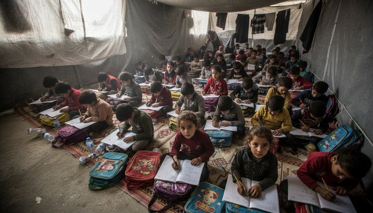 High-angle view of children sitting with notebooks inside a crowded shelter in Gaza.