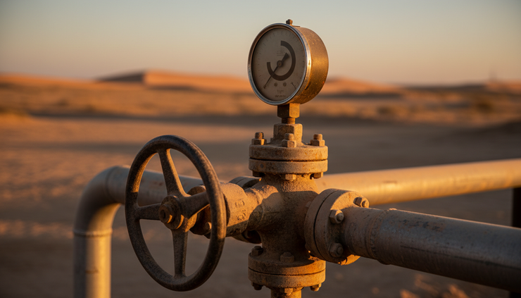 Close-up view of a pressure gauge on an oil pipeline valve.