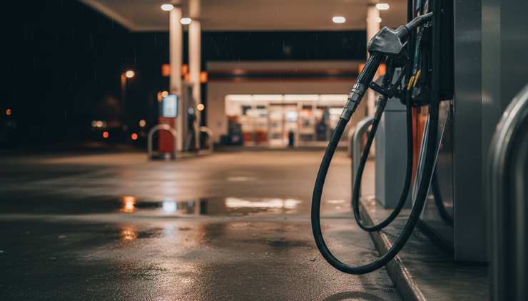 Eye-level view of a petrol pump nozzle resting beside a fuel hose.