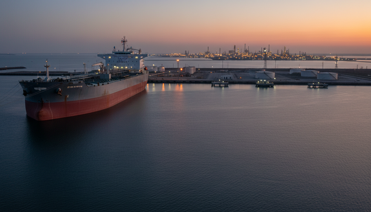 Wide-angle view of an oil tanker anchored near a port at twilight.