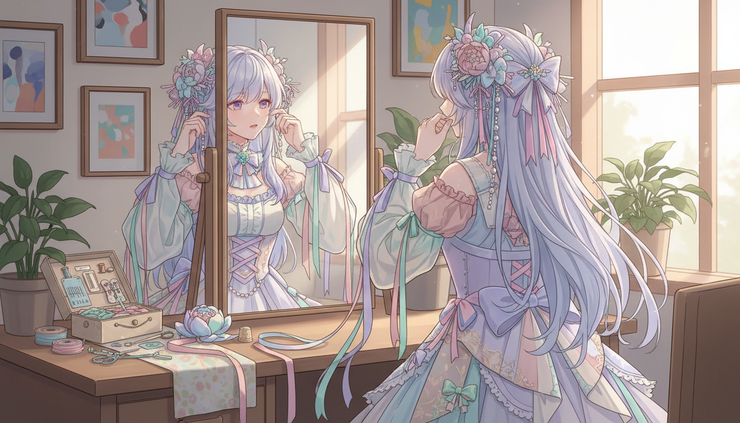 Eye-level view of a cosplayer adjusting a handmade anime-inspired hair accessory