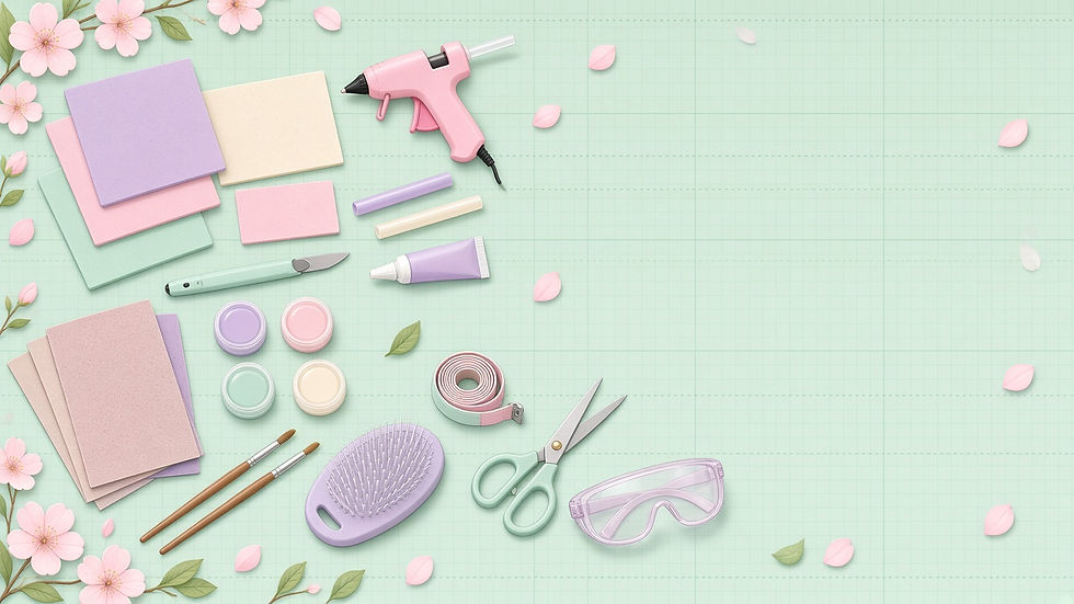 Pastel flat-lay of beginner cosplay tools: foam sheets, glue gun, craft knife, paints, wig brush, scissors and safety glasses