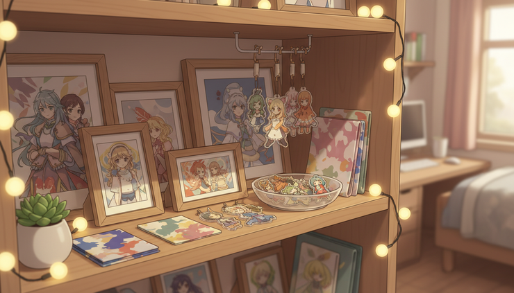 Close-up of a shelf with anime-style art prints and small character charms