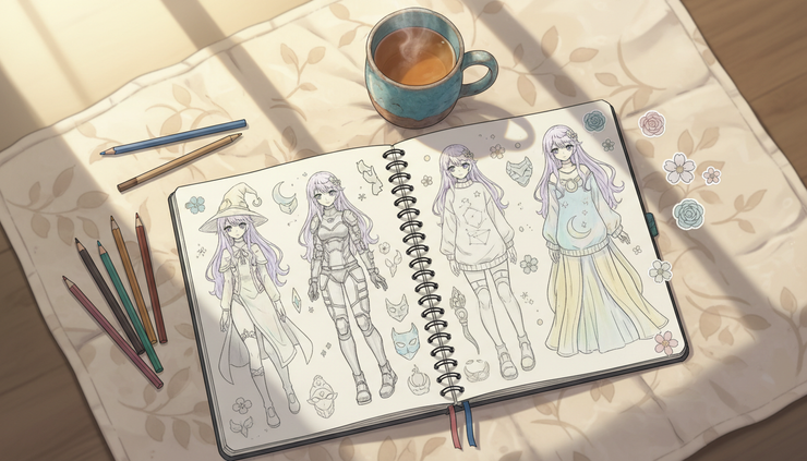 Overhead view of a sketchbook page filled with original anime character concepts