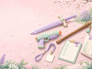 Pastel illustration of foam cosplay props, a toy blaster with an orange tip, a lanyard and a checklist in a blossom garden