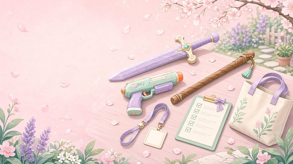 Pastel illustration of foam cosplay props, a toy blaster with an orange tip, a lanyard and a checklist in a blossom garden