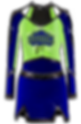 Custom competition uniform with unlimited rhinestones for $199, cheer uniform in navy blue, lime green, and white.