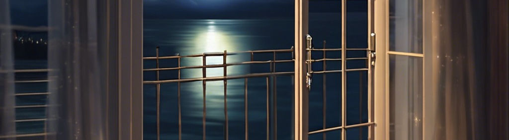 realistic image of a single set of open French doors, full moon reflecting on water beyon