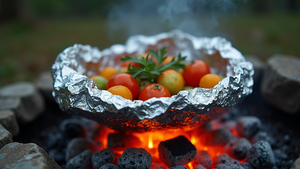 Eye-level view of foil packet cooking vegetables over campfire coals