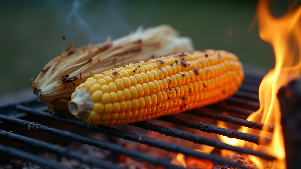 Eye-level view of grilled corn on the cob with husks over campfire grill