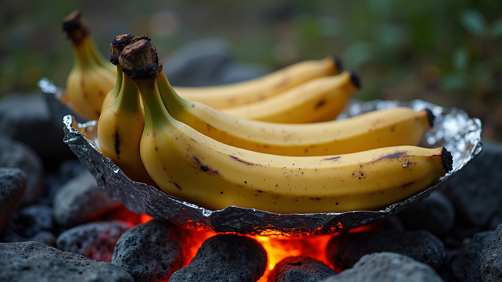 High angle view of campfire banana boats wrapped in foil on hot coals