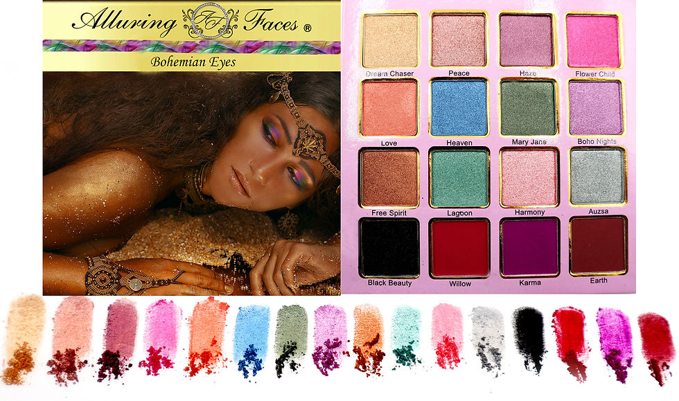 Close-up view of a makeup palette with vibrant colors and brushes