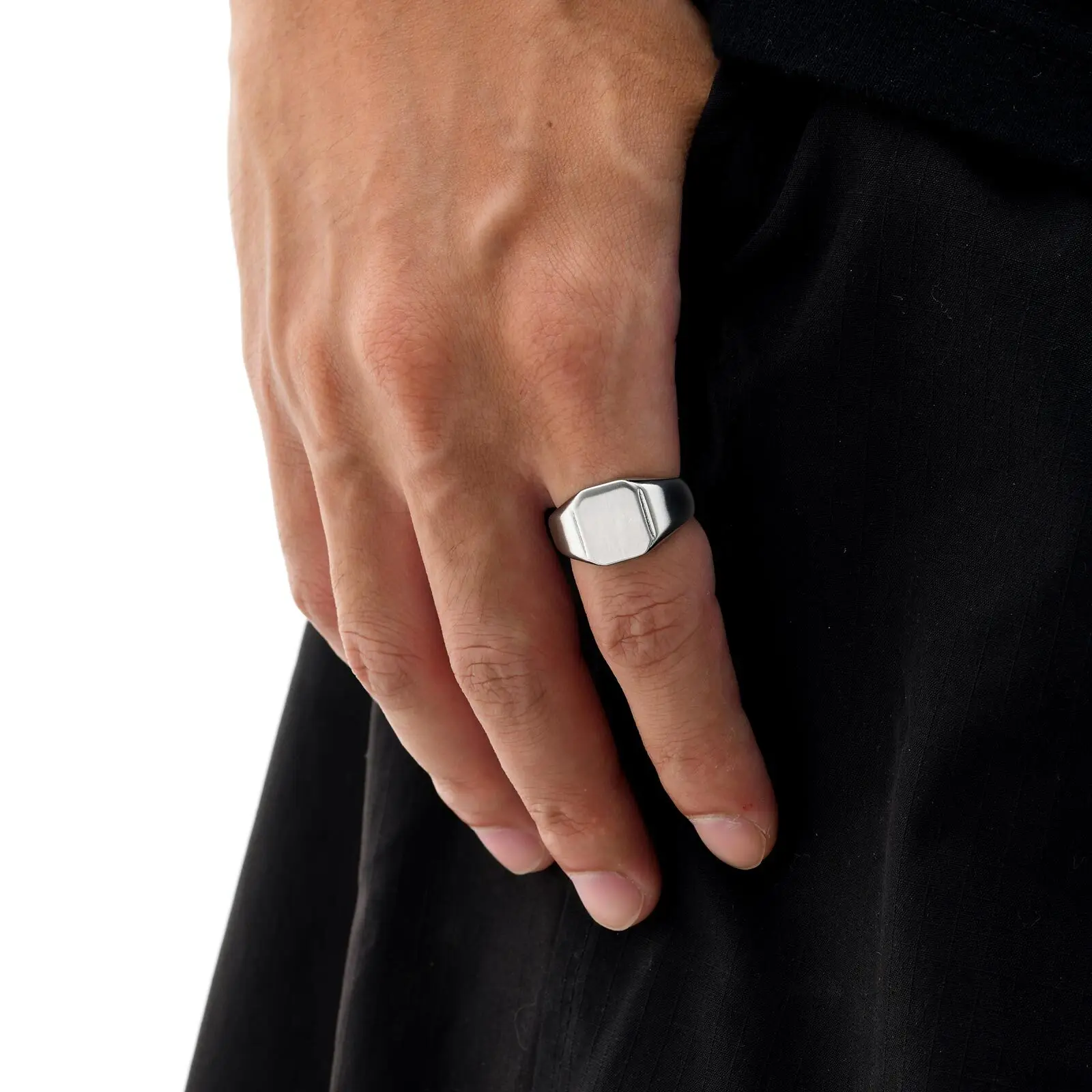 Silver Color Square Signet Ring for Men Women,Brushed Stainless Steel Ring Band