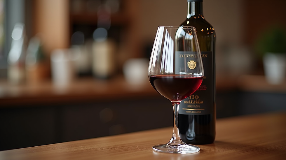 Close-up view of a bottle of Portuguese red wine with a glass