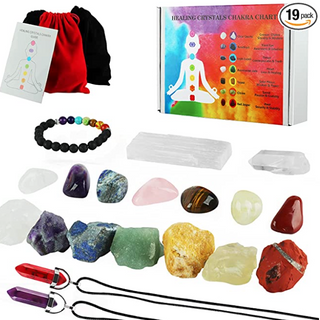 19Pcs Healing Crystals Stones Set, Chakra Quartz Kit Includes 7 Raw and 7 Tumbled Stones, 1 Selenite Crystal for Charging, 1 Clear Crystal Column, 1 Lava Bracelet, 2 Agate Necklace