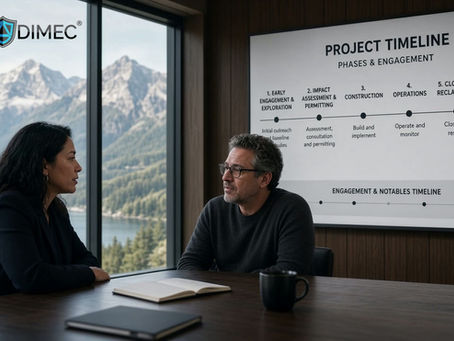 Two colleagues discuss linking stakeholder and Indigenous engagement, concerns, and commitments to each phase of a project timeline on a meeting-room screen.
