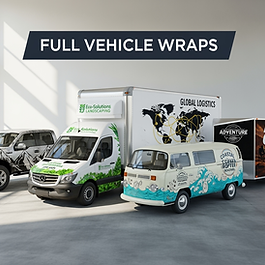 Complete full vehicle wrap showing entire truck covered in custom business graphics and branding