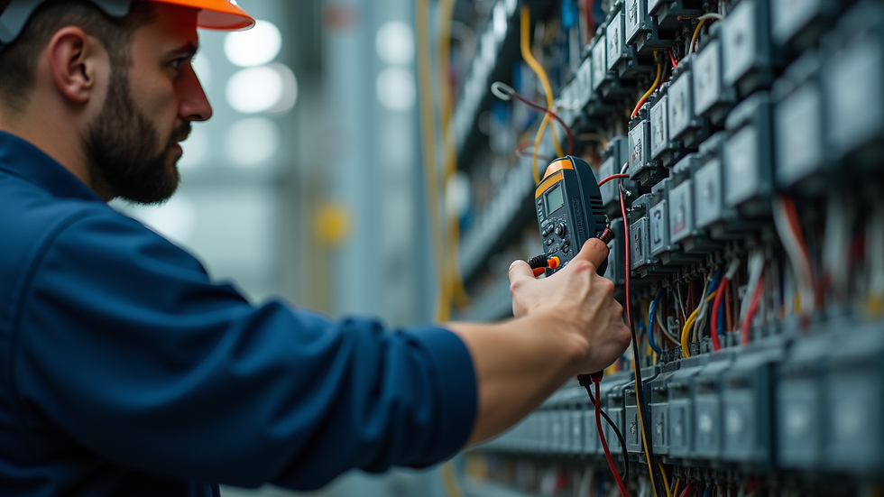 Eye-level view of an electrician testing electrical circuits with specialised equipment