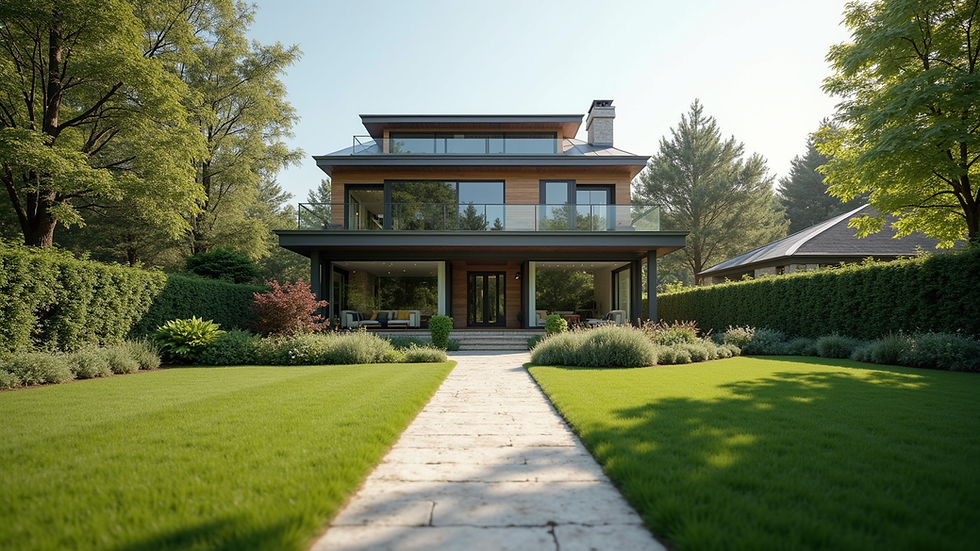 Eye-level view of a modern residential property with a well-maintained garden