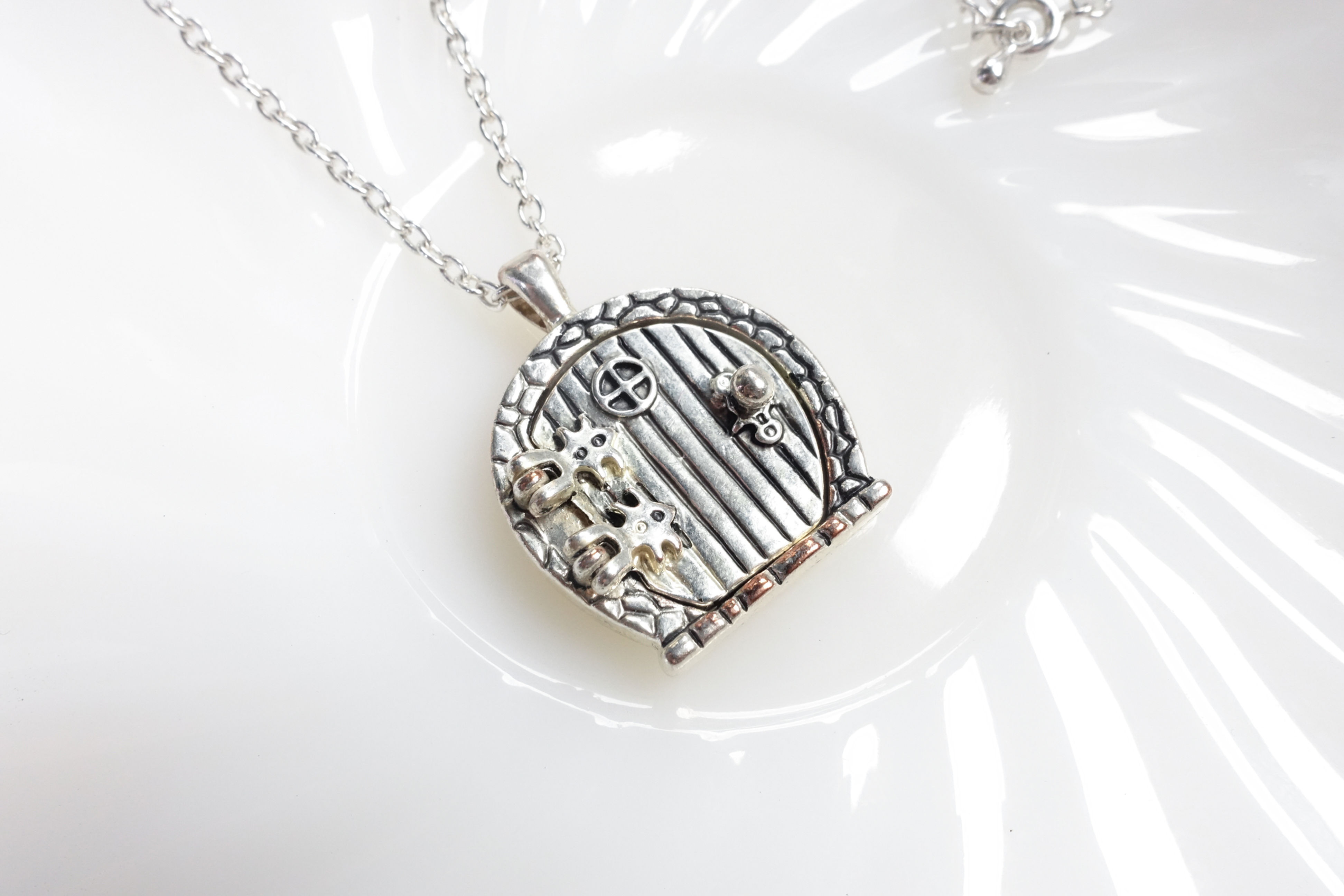 Darice fairy tale door locket pendant silver tone necklace