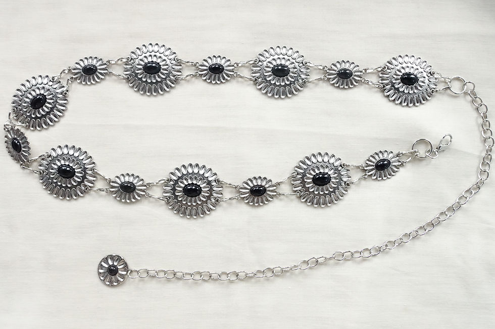 Silver tone black bead oval engraved chain belt