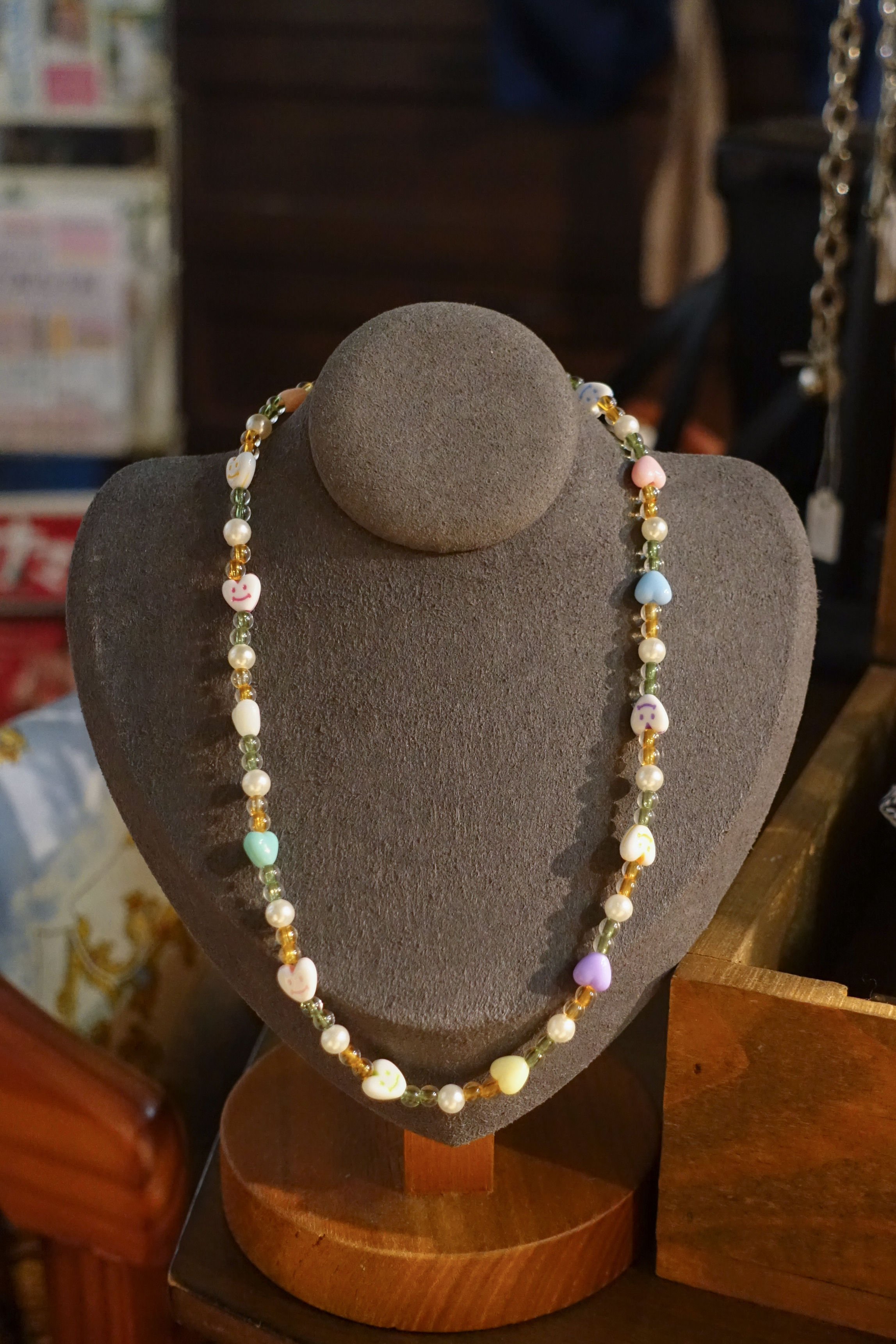 Orange and green smiley heart beads necklace