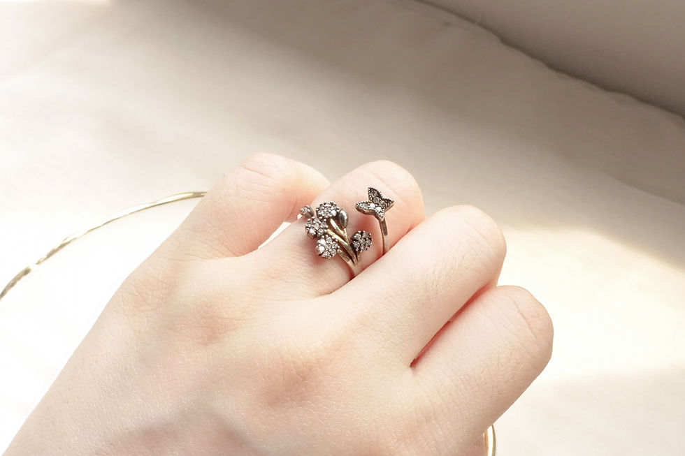 Butterfly on blossom rhinestone silver tone ring