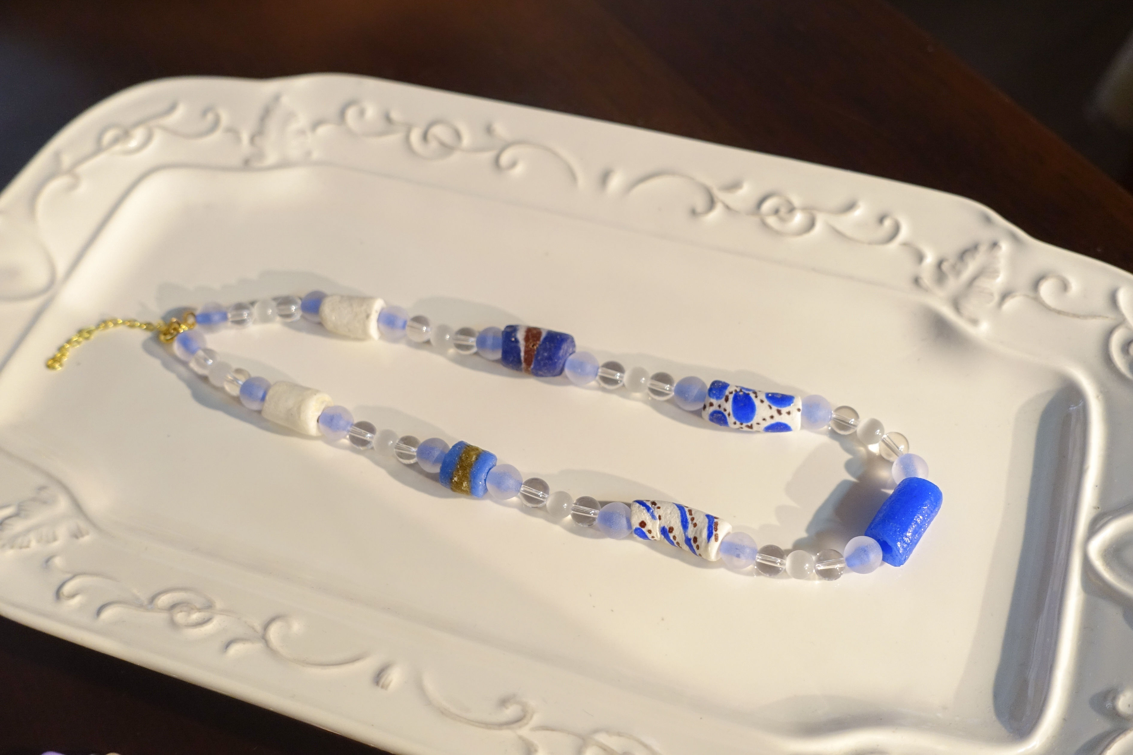 Blue and white Ghana glass beads necklace
