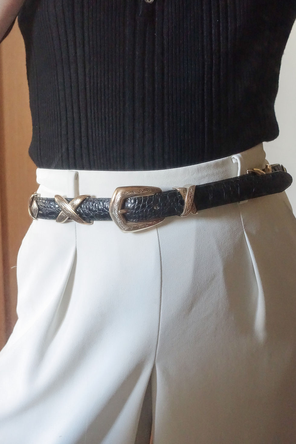 Brighton black croc belt with copper cross embellishments
