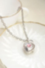 Avon engraved heart pink cat's eye center locket watch pendant necklace