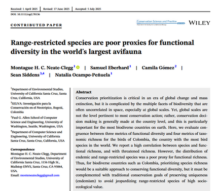 New paper on bird functional diversity and conservation in Colombia