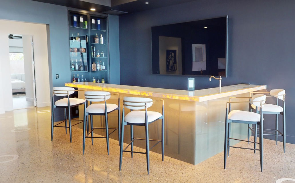 Las Vegas villa kitchen with custom Casali mesh glass island crafted from premium Casali glass for a sleek, contemporary look.