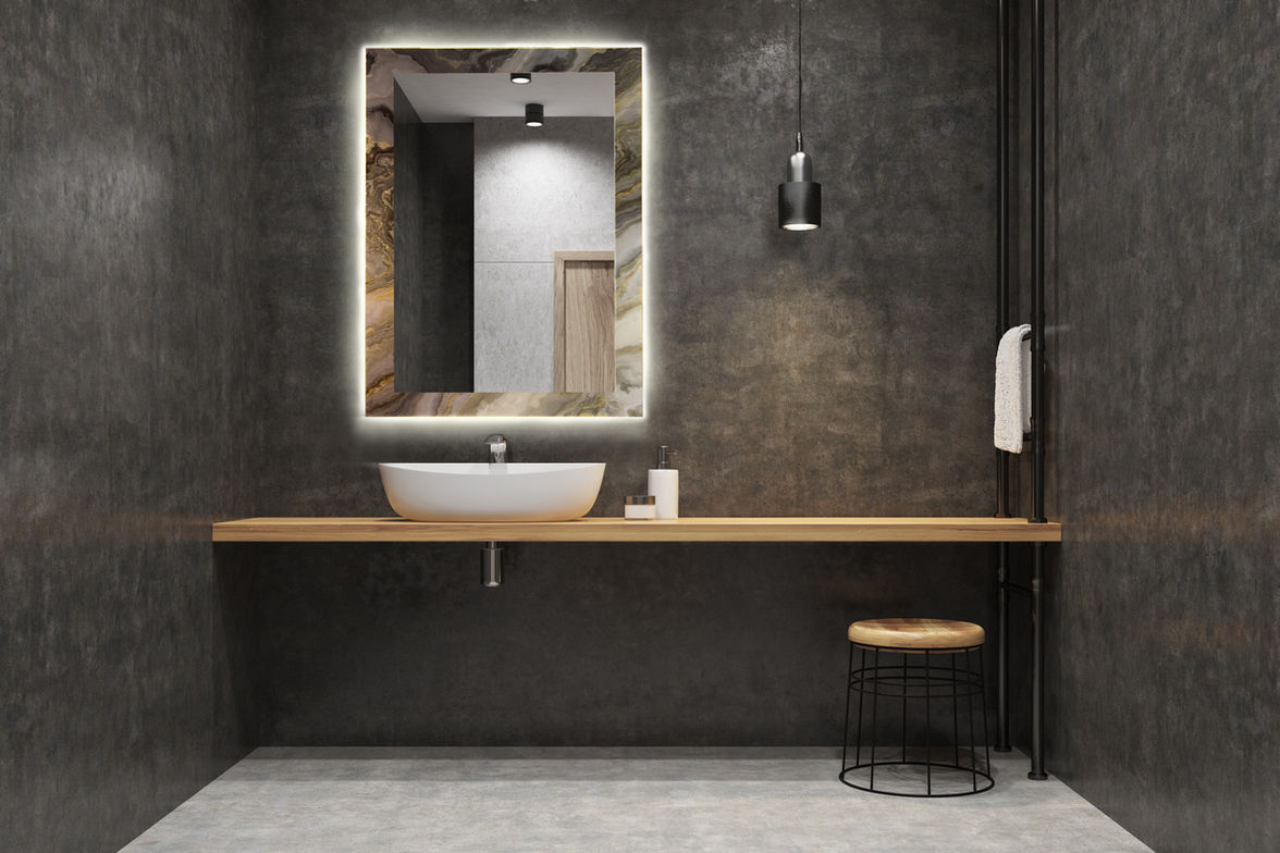 Rectangular mirror with marble-effect frame by Casali Group, combining timeless materials with clean geometry