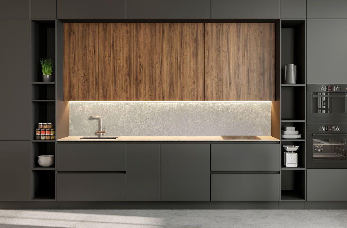 Frosted transparent glass kitchen backsplash by Casali Group, designed for sleek and minimalist luxury kitchens