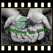 A grayscale image framed by a film strip border shows two large, open hands gently holding a person sitting with their knees drawn up. The person is wearing a dark cap, a green t-shirt, and dark pants. Superimposed in green, stylized text across the hands reads "Capturing Your Story".