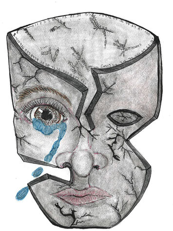Through the Fire drawing of a cracked stone-like mask revealing a human eye and internal patterns, representing fractured identity and emotional pressure.
