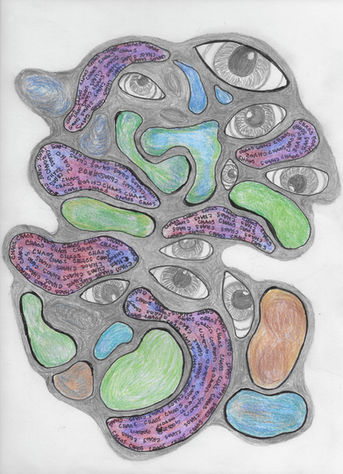 Neurographic-style piece from Ashes & Embers with repeated “CHAOS” text, colorful organic shapes, and scattered eyes symbolizing mental complexity.