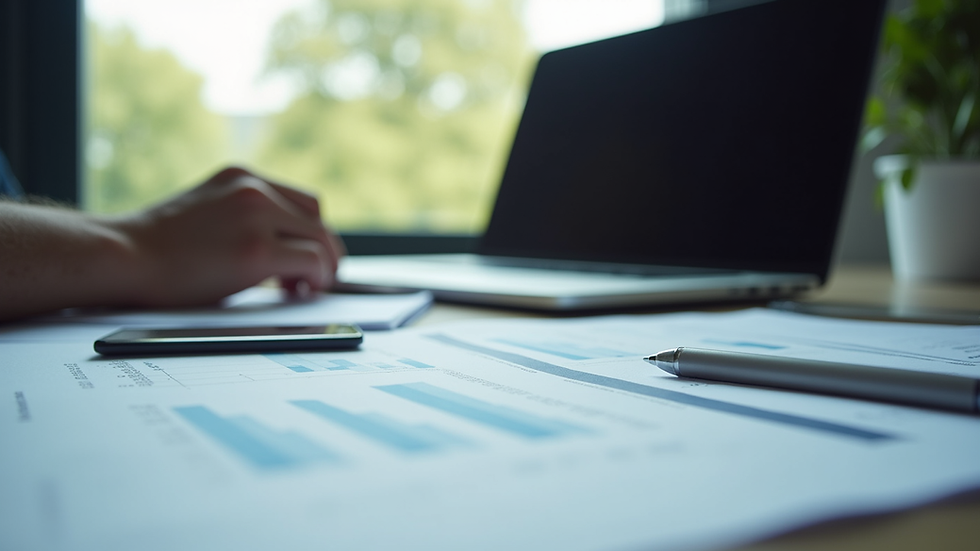 Eye-level view of a laptop with financial documents on a desk