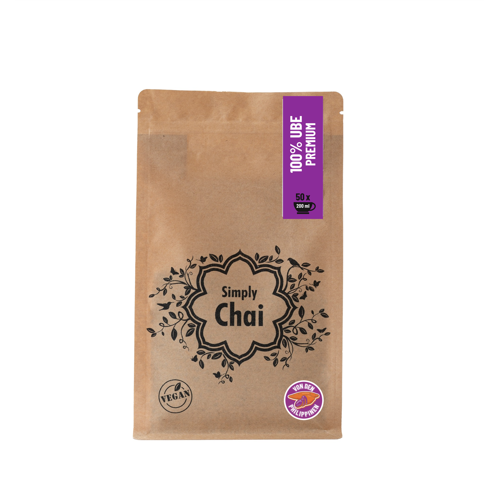 Für Ube Latte 200 g: 1. Ube Latte Pulver 200 g von Simply Chai – Vorderseite