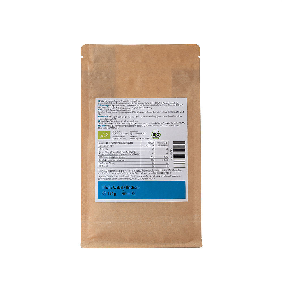 Miniaturbild: Bio Chai Latte Not Sweet 125 g – Rückseite mit Zutaten und Nährwerten