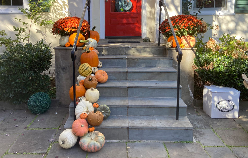 Custom fall porch design with layered pumpkins and colorful mums by Pumpkin City Porches