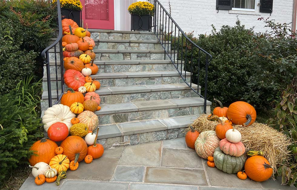 Custom fall porch design with layered pumpkins and colorful mums by Pumpkin City Porches
