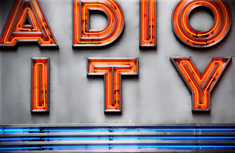 Cropped Radio City Music Hall sign in New York City taken by Photographer Tom Prather of The Blue Wave Video Production Agency