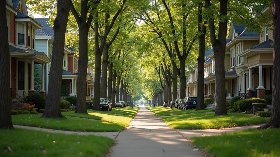 Eye-level view of a charming Cleveland neighborhood with tree-lined streets