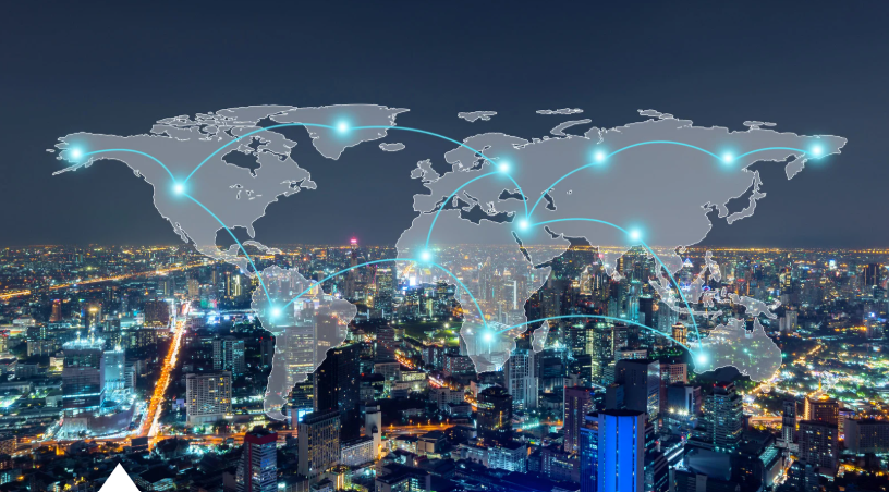 A night skyline with a transparent map overtop